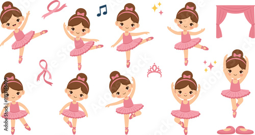 Cute ballerina girl character set with ballet dance poses, pink tutu, ribbons, shoes and stage elements