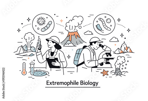 Extremophile biology concept. Scientists observing microscopic life forms thriving in harsh environments, calm research mood