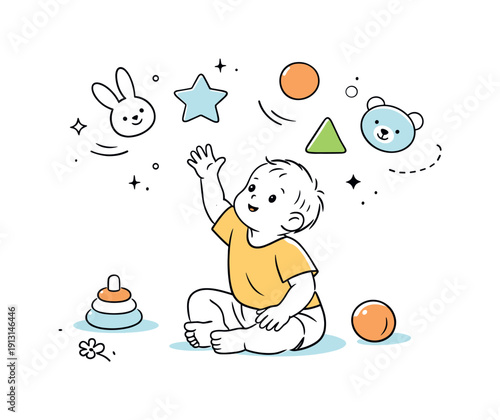Toddler's Curious Exploration. Exploring the world as a toddler. A child reaching for floating shapes and soft toys, wonder and sensory curiosity. Abstract