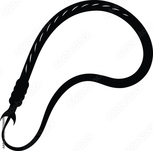 A black silhouette depicts a curved braided whip with a knotted handle and a pointed tassel like tip