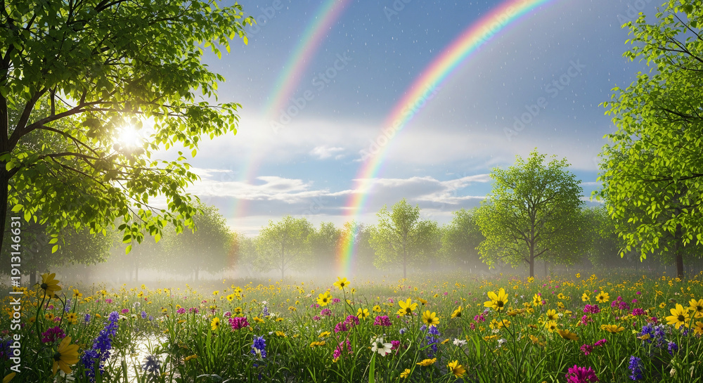 Naklejka premium Serene meadow filled with wildflowers and a double rainbow on a sunny day with lush trees and mist