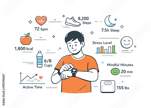Wearable health tech overview. Calm editorial scene with a person wearing a smartwatch and fitness band, health data gently floating around