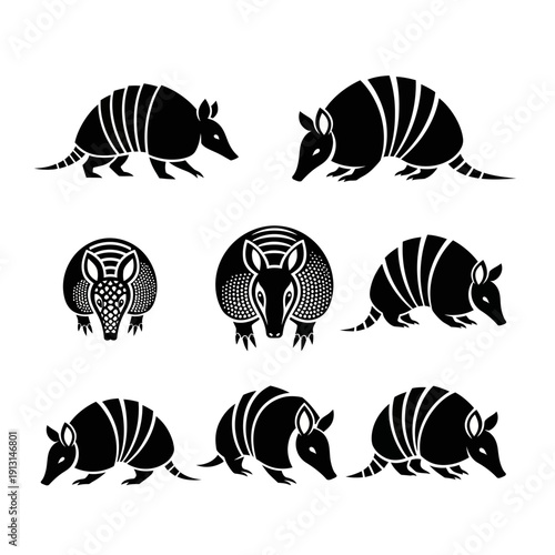 Set of Armadillo Silhouettes in Various Poses.