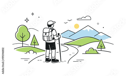 Mountain hike moment. A hiker standing on a trail with gentle hills and abstract trees around, pausing to enjoy the view. The scene suggests