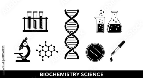 Biochemistry science icons set with dna helix molecule lab equipment vector illustration flat design