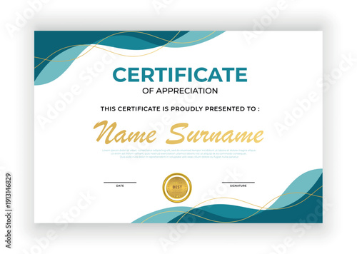 This abstract vector certificate template features modern blue wave patterns and gold accents, designed professionally for recognizing achievement, completion, or formal appreciation awards.