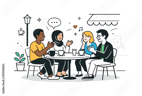 Street scenes reflecting multicultural interactions. People of different cultures sharing a street cafe table, talking and