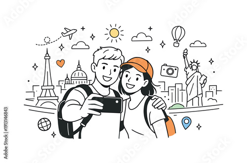 A couple taking a selfie at the top of a famous landmark. Two travelers smile and lean together while holding a smartphone, capturing the