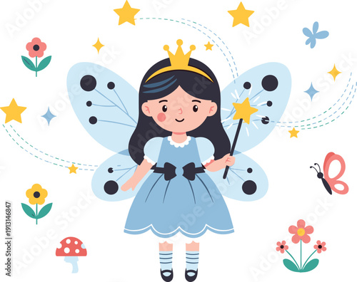 Cute fairy princess girl illustration with crown, wings, magic wand, stars, flowers and butterfly