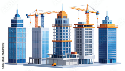 Skyscraper Being Built Progressively from Foundation - Modern Flat Vector Illustration
