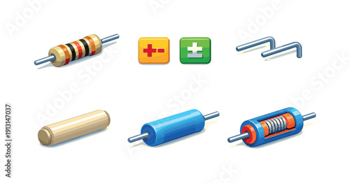 Resistor details. Isometric flat vector icons set of resistor details: resistor color bands, resistance tolerance marking, resistor lead