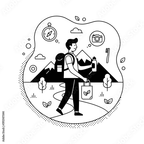 Eco-Adventurer's Journey: A sustainably-minded explorer embarks on a trek, carrying essential gear against a backdrop of mountains and natural elements, embracing the spirit of eco-conscious travel.