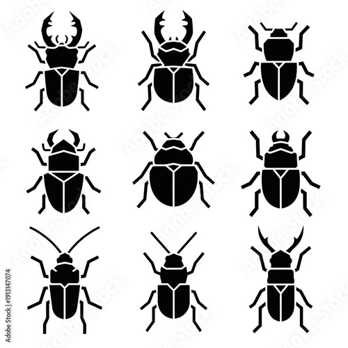 Set of nine black beetle icons on a white background.