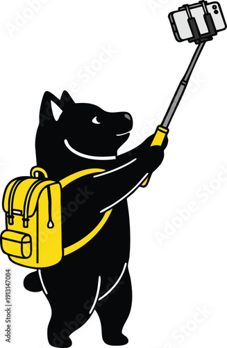 Black dog with yellow backpack taking selfie stick selfie