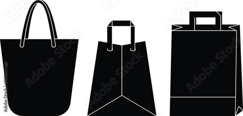 Shopping bag icon set, retail paper and tote bags silhouette vector illustration isolated on white background
