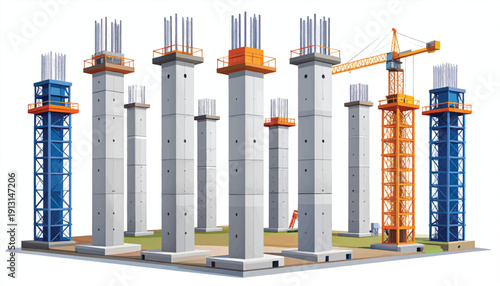 Concrete Support Pillars Erected in Sequence - Modern Vector Illustration