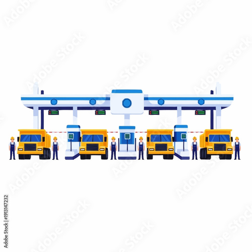 Fueling Station with Trucks and People.