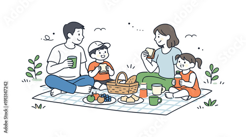 Outdoor family leisure illustration picnic. Parents and children enjoying a simple picnic with food and drinks, surrounded by grass and small