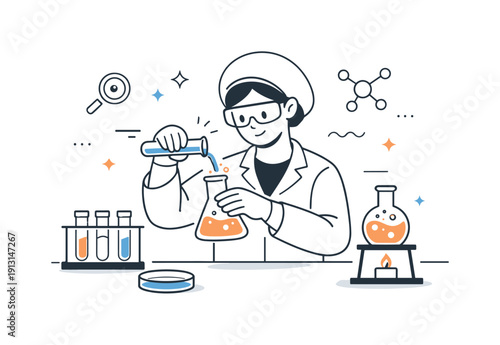 Scientific experimentation. A researcher carefully mixing liquids in glassware, gentle motion lines and symbols indicating reaction and