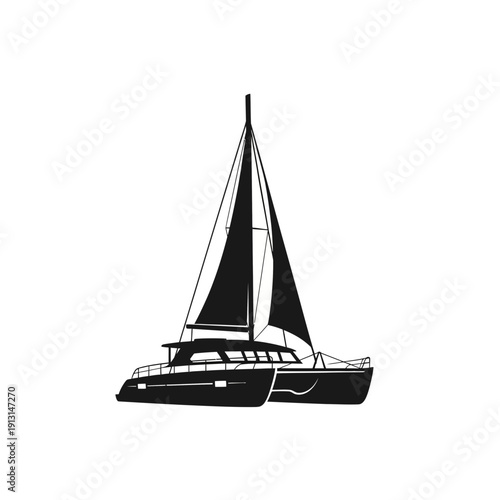 Silhouette of a Catamaran Sailboat on a White Background.