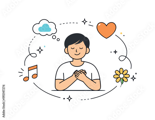 Positive psychology concept. A clean composition where thoughts, hearts, and notes connect around a person, symbolizing gratitude,