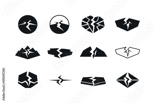 Earthquake Tremor Icons. Earthquake tremors. Icon set. Set Logo of earthquake tremors: cracked ground surface. harmonious logo variations of the same