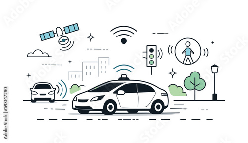 Autonomous Vehicle Tranquility. Self-driving car on the road. Autonomous vehicle driving smoothly along a city street with sensors and signal icons visible.