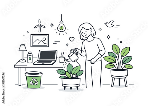 Eco-Friendly Office Vibes. Eco-friendly office. An employee watering office plants next to a tidy workstation. The scene feels gentle, personal, and