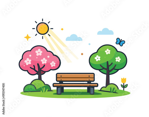 Taking a leisurely walk in the park on a sunny day illustrated with a bench, blooming trees and gentle sun rays creating a peaceful outdoor