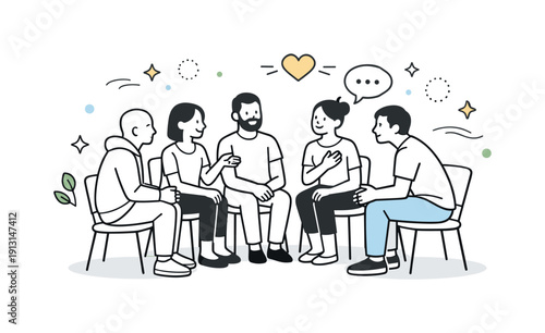 Support group session. Small group sitting in a circle, engaging in gentle conversation, with subtle floating decorative elements symbolizing