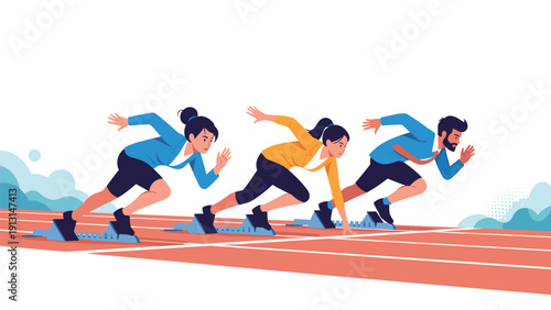 Group of professional business competitors in starting blocks ready to race on an athletic track representing career competition.