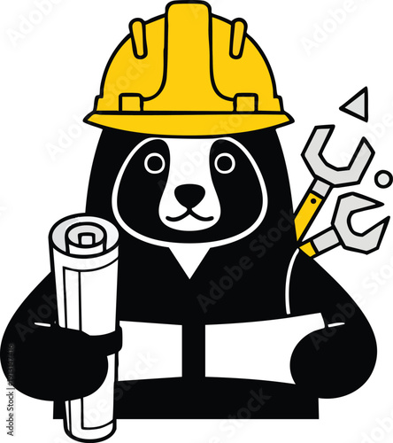 Panda Construction Worker with Helmet and Tools