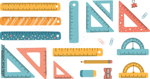 School ruler and geometry tools set with triangles, protractors, pencil, eraser and stationery elements