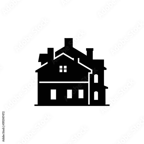 Silhouette of a large multistory building with multiple chimneys and windows.