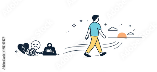 Moving forward emotionally. A person walking lightly toward an open, minimal horizon, leaving abstract heavy symbols behind. Calm movement