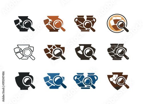 Examining ancient pottery. Icon set. Set Logo of Examining ancient pottery: broken pottery fragments. harmonious logo variations of the same