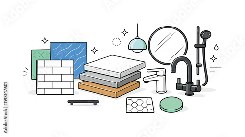 Choosing materials. Tiles, countertops and fixtures displayed neatly for kitchen and bathroom renovation. Clean still-life scene focused on