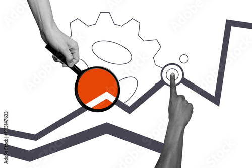 Composite artwork sketch image photo collage of cog symbol teamwork business strategy leadership solution with magnifier focus progress