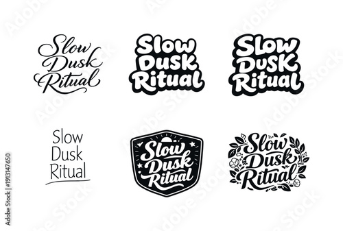 Diverse Lettering Styles. Slow dusk ritual. Set lettering. harmonious lettering variations of the same emblematic concept, each with different artistic