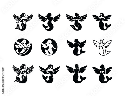 Odyssey Icon Variations. The Odyssey. Icon set. Set Logo of The Odyssey: Siren myth emblem. harmonious logo variations of the same emblematic concept, each