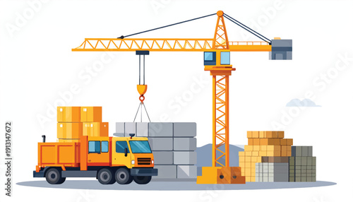 Construction Tower Crane Lifting Building Materials Upward - Vector Illustration