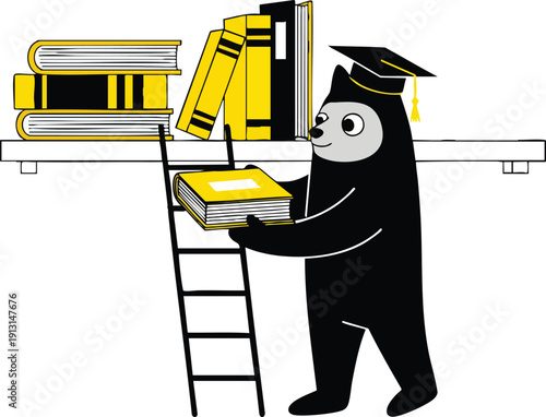 Bear in Graduation Cap Organizing Books on Shelf