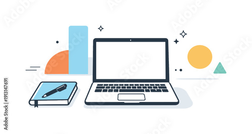 Minimalist workspace concept. Simplified desk setup with only essential items, focused and distraction-free mood. Laptop, notebook, and