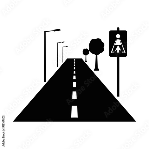 Straight Road with Streetlights and Pedestrian Crossing Sign.