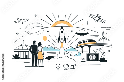 Optimistic future vision. Abstract retro-futuristic world blending past design and future ideas, calm hope and clarity. Geometric shapes,