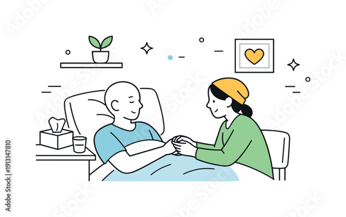 Witnessing illness. A calm scene of two people holding hands in a quiet room, showing empathy, patience, and emotional closeness during a
