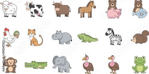 Cute animals cartoon set with farm and wild characters including cow, horse, zebra, elephant and crocodile