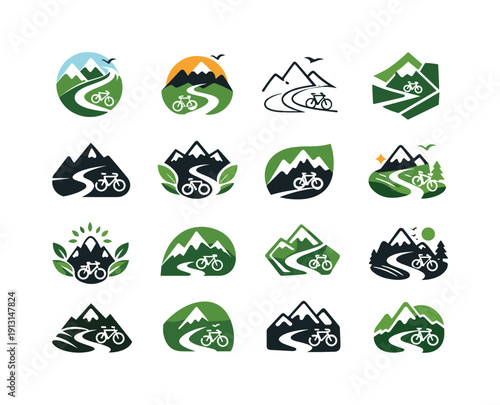 Eco-tourism and sustainable travel. Icon set. Set Logo of Eco-tourism and sustainable travel: eco-friendly transport trail. harmonious logo