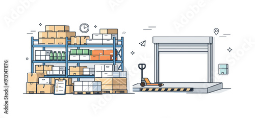 Production without demand. A warehouse filled with neatly stacked products and boxes while the delivery area remains empty, expressing