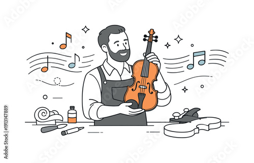 Art of violin making. A symbolic editorial scene showing a violin maker proudly holding a finished handmade violin, with abstract music notes